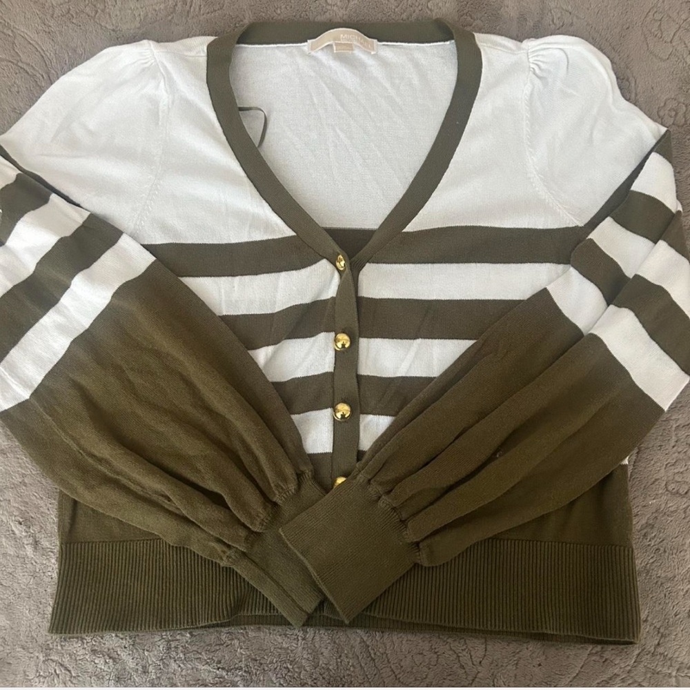 Michael Kors Striped Olive and White Cardigan